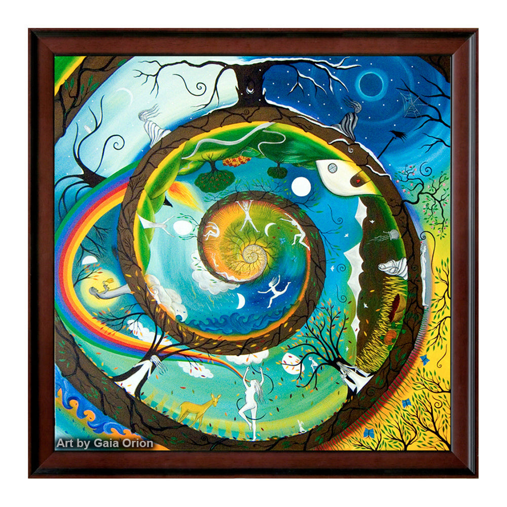 Her Journey - Oil on Canvas 90x90 cm depicting life cycles, seasons, and feminine stages in a colorful spiral design.
