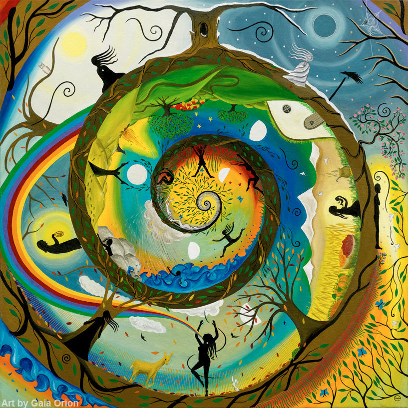 Her Journey - Oil on Canvas - 60 x 60 cm depicting life cycles, growth, and the stages of a woman's life in a spiral form.