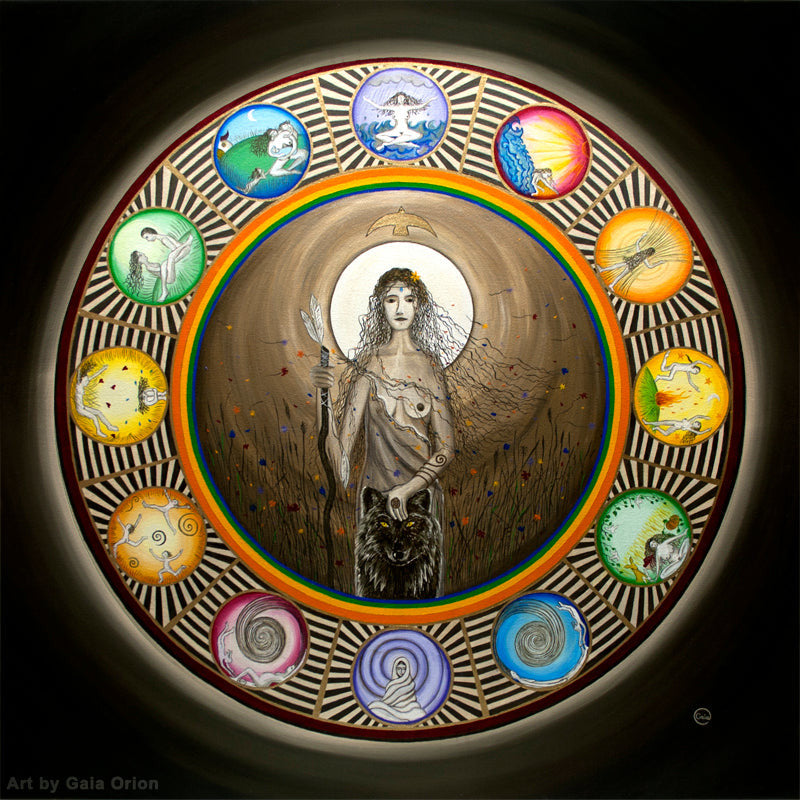 Her Story - Oil on Canvas - 60 x 60 cm depicting a mystical woman surrounded by symbolic colorful circular elements.