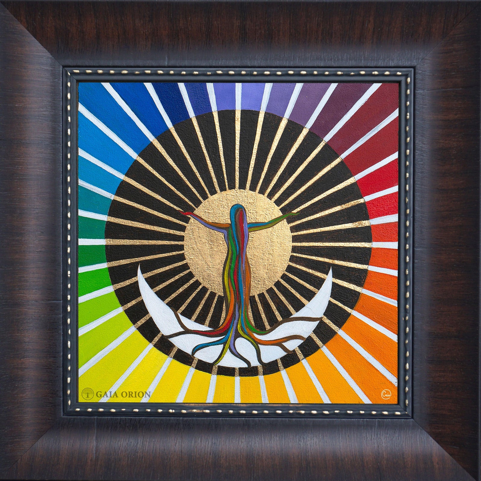 Heart of Gold - Oil on Wood 20x20cm showing a colorful figure reaching out to a golden heart circle with radiant rays.
