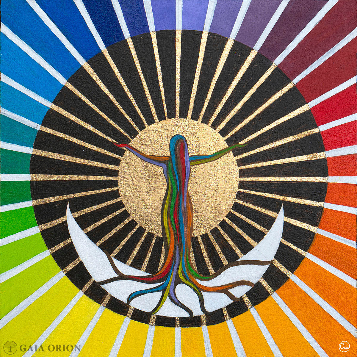 Heart of Gold - Oil on Wood 20x20cm showing a colorful figure reaching out to a golden heart circle with radiant rays.