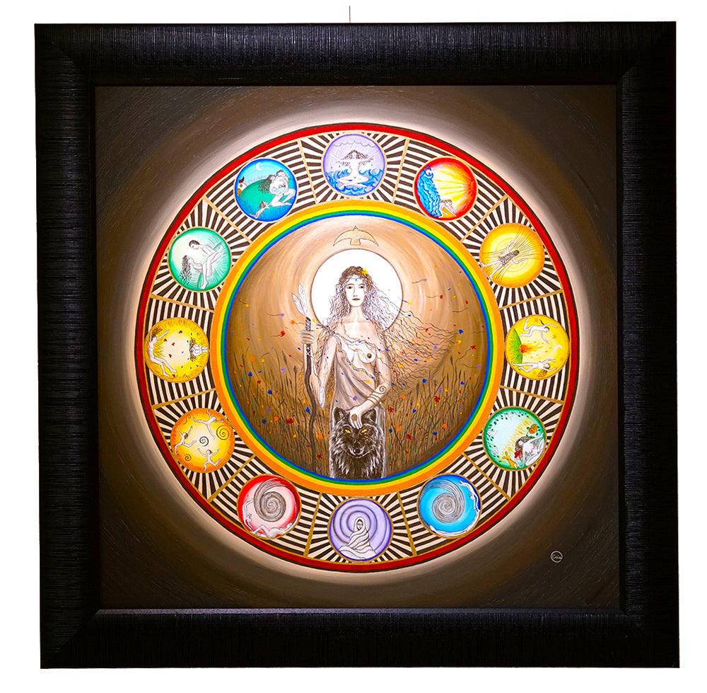 Her Story - Oil on Canvas - 60 x 60 cm depicting a mystical woman surrounded by symbolic colorful circular elements.