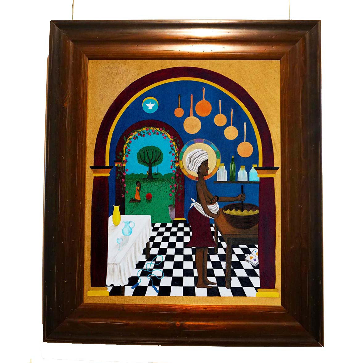 Holy Mama - Oil on Canvas - 50 x 40 cm depicting a mother cooking while breastfeeding in a vibrant, symbolic kitchen scene.
