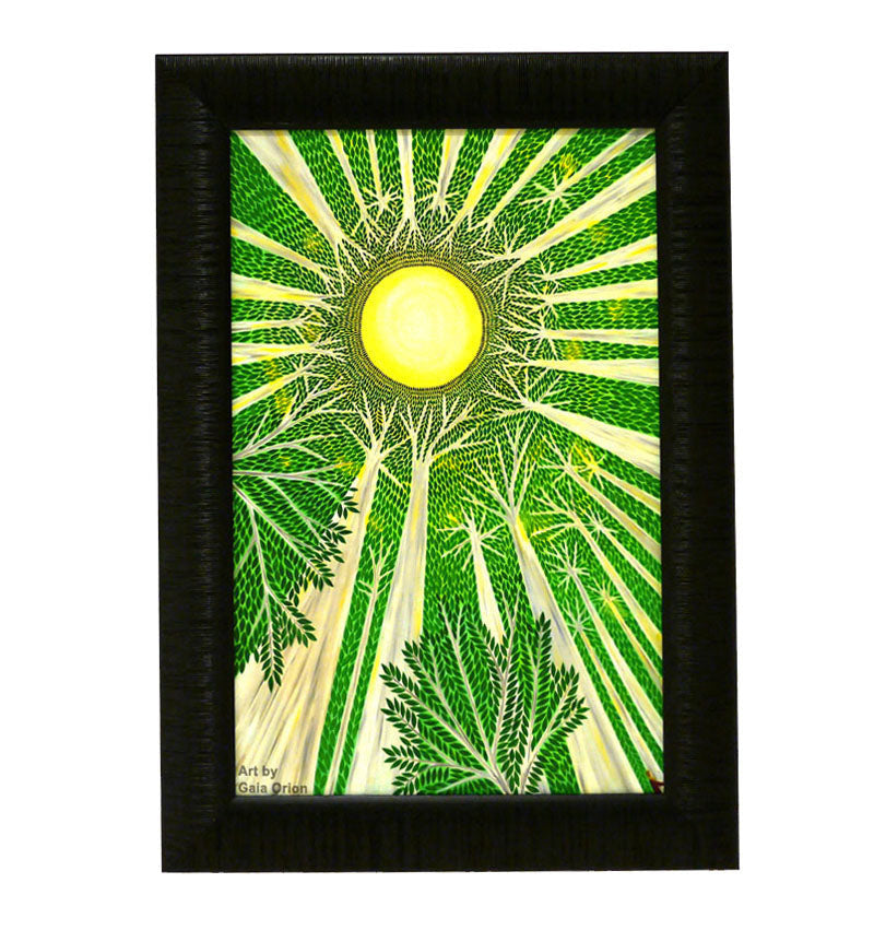 Hug a Tree - Oil on Canvas 60x40 cm painting showing tree trunks and green leaves forming a sunlit circle.