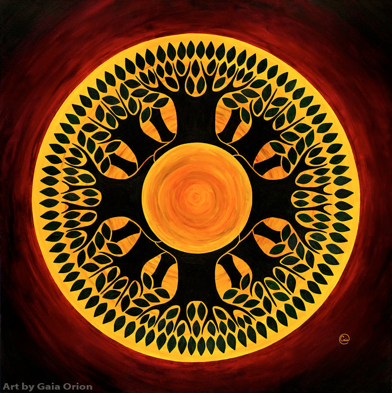 I Have a Dream - Acrylic on Canvas 90x90 cm circular tree of life with yellow and black leaves on red background.