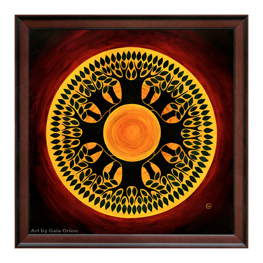 I Have a Dream - Acrylic on Canvas 90x90 cm circular tree of life with yellow and black leaves on red background.
