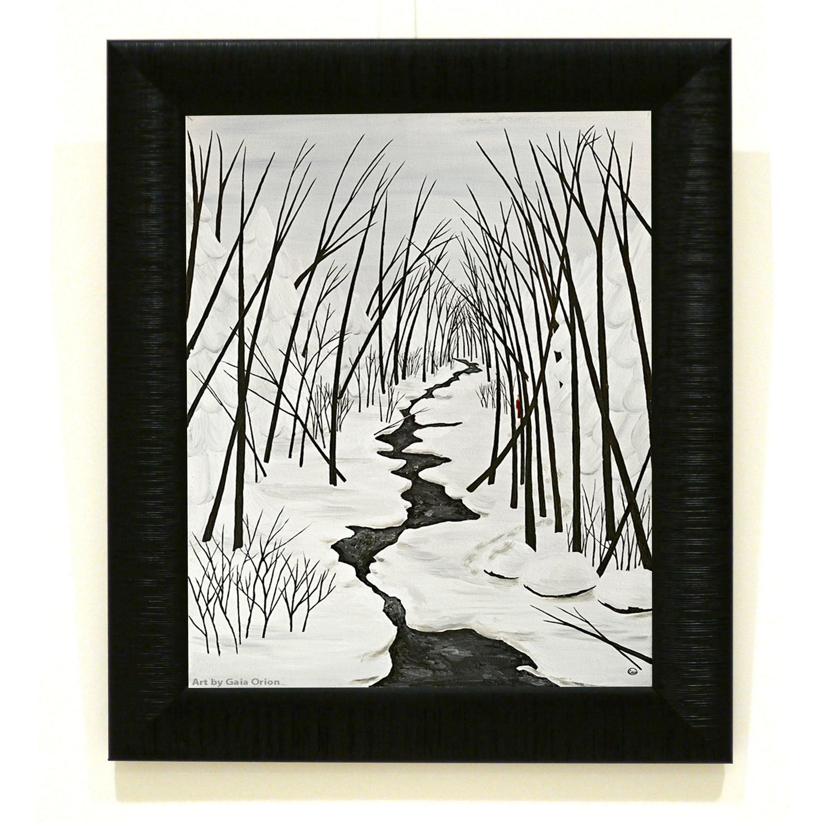 In the Quiet - Oil on Canvas painting depicting a snowy forest with a winding dark stream and bare trees.
