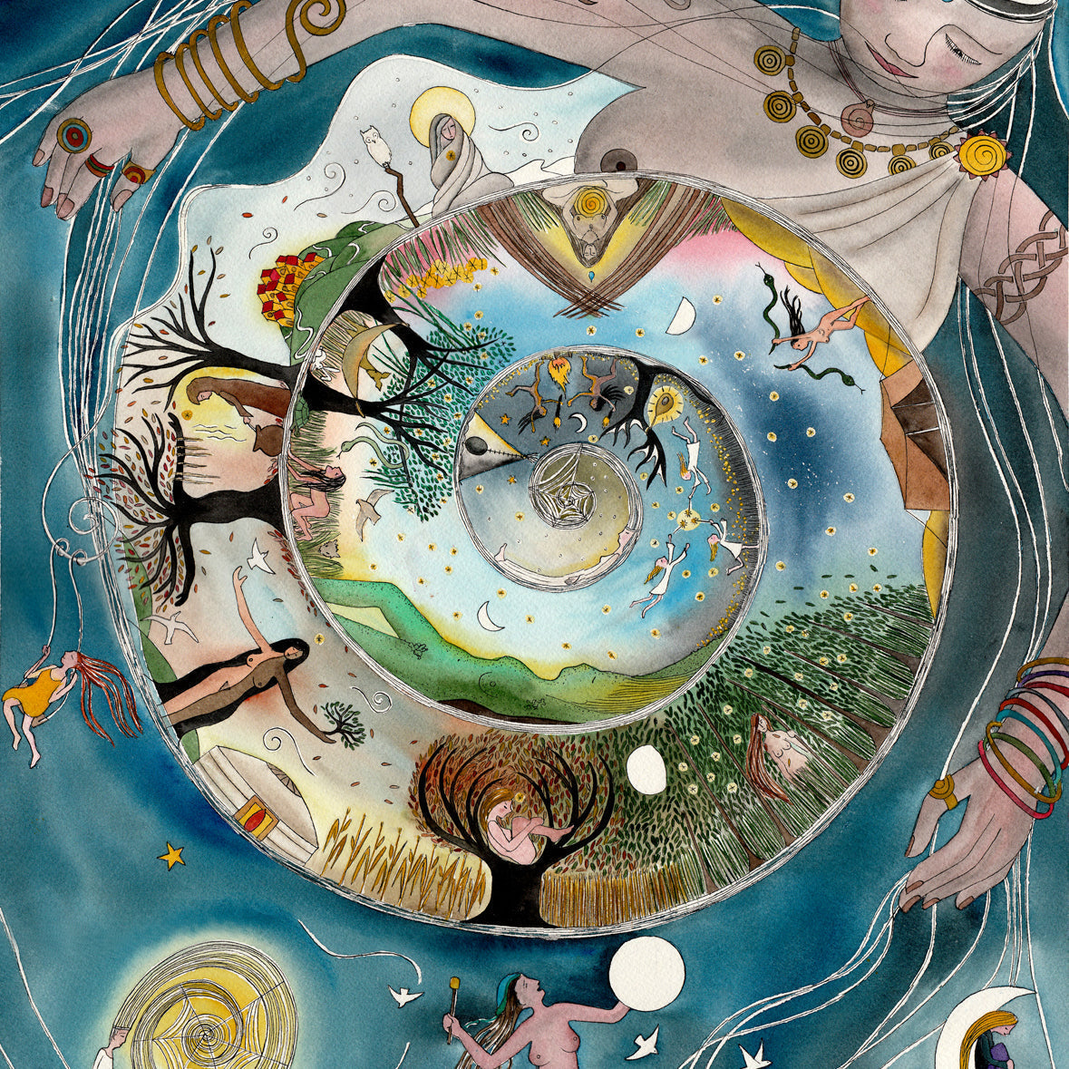 The Shaman - Prints on Paper featuring a mystical spiral connecting nature, humans, and cosmic elements in vibrant colors.