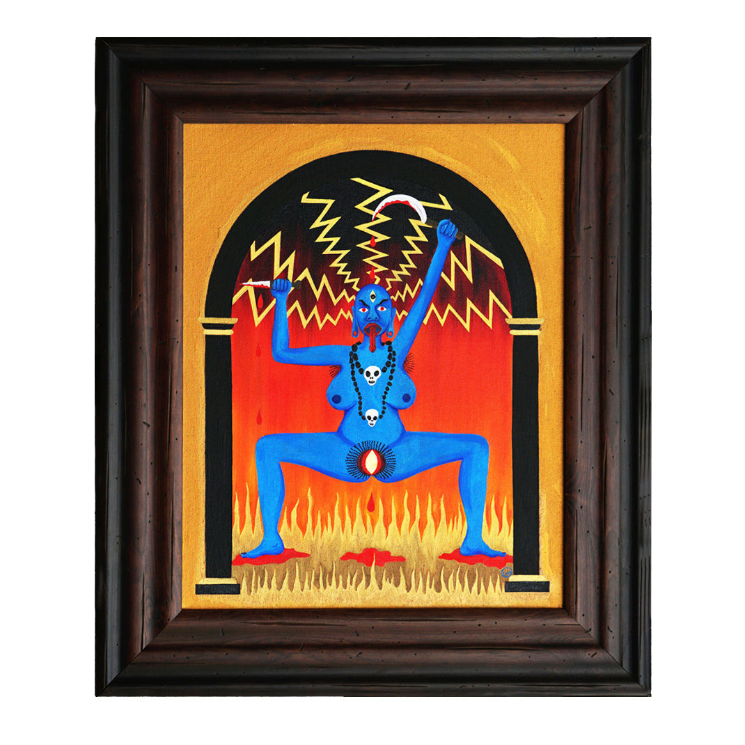Dear Kali - Oil on Canvas - 50 x 40 cm depicts fierce blue goddess Kali with lightning and symbolic elements in a bold, vivid style.