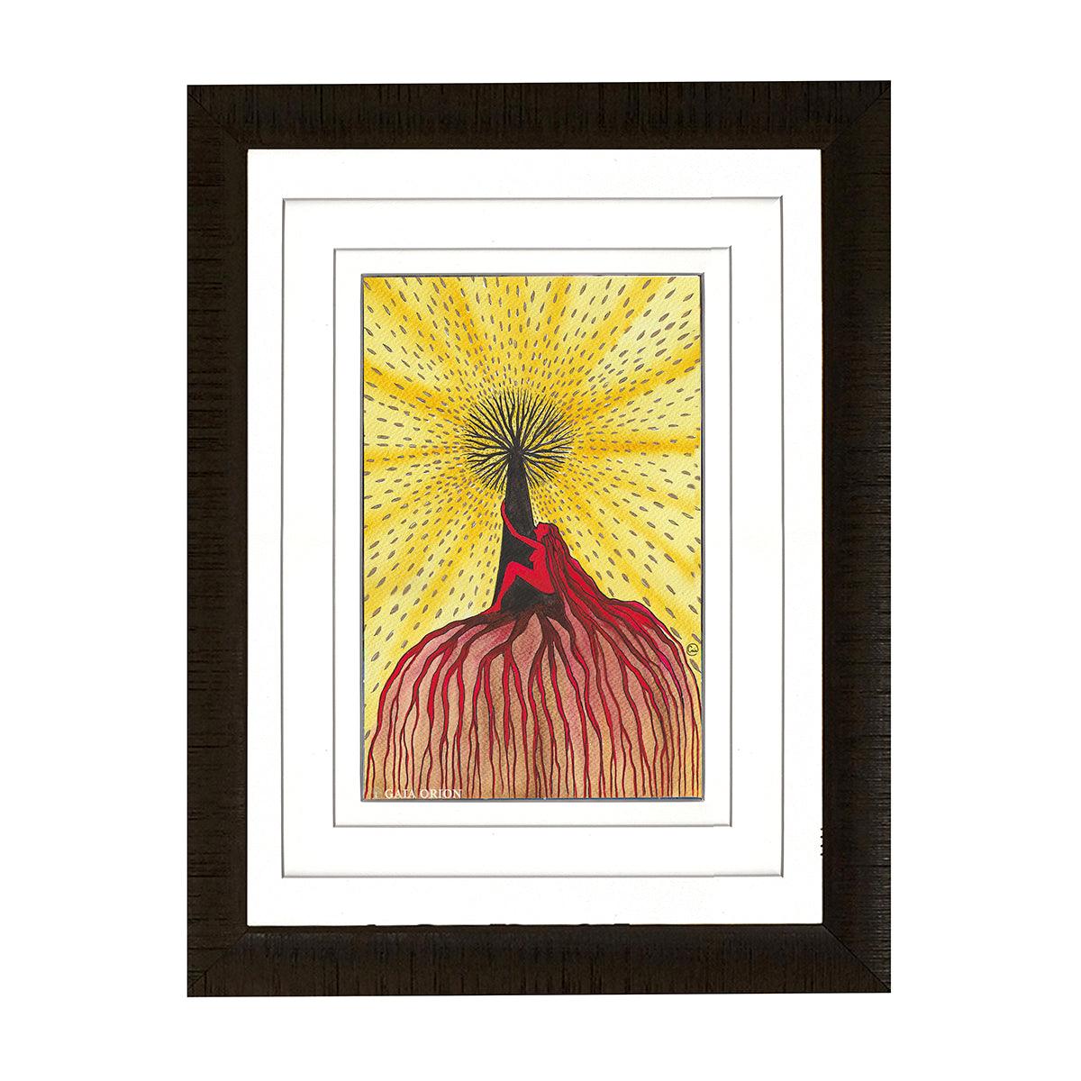 Kundalini Rising - Watercolour 29 x 20 cm depicts a red figure embracing a black tree against a radiant yellow background.