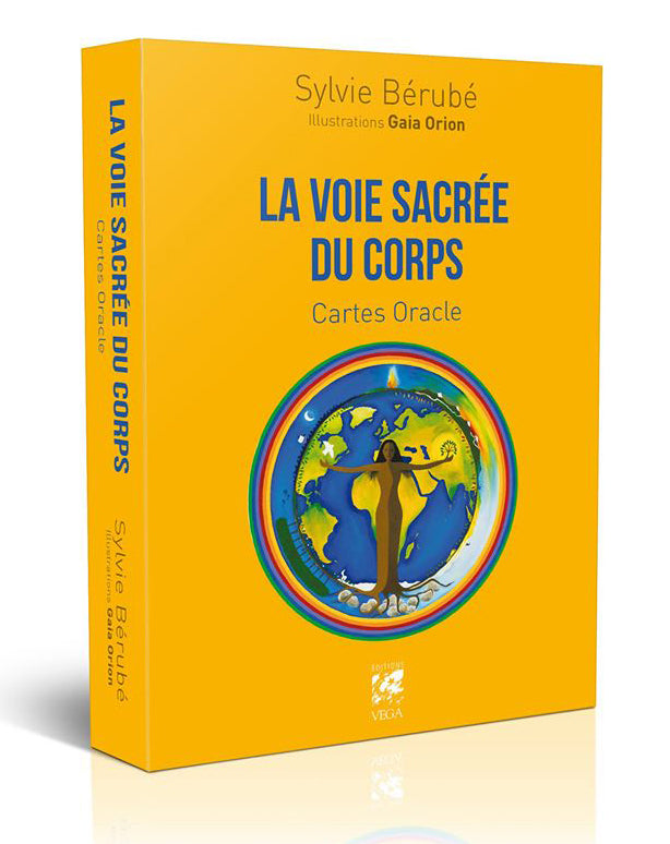 La Voix Sacré du Corps Oracles Cards box with colorful circular earth and feminine figure illustration on yellow background.