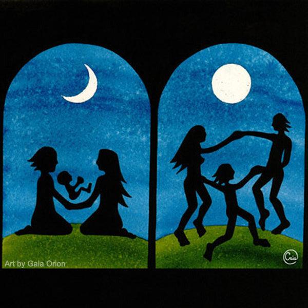 Newborn Celebration Eco Greeting Card with silhouettes of family and moon phases on a blue night sky background.