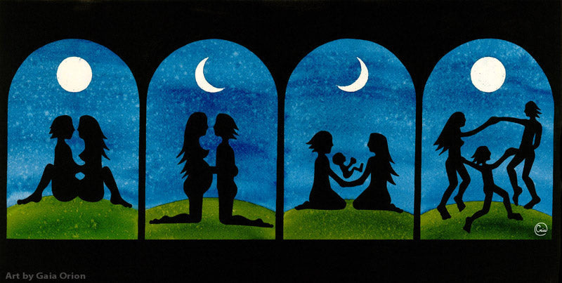 Newborn Celebration Eco Greeting Card with silhouettes of family and moon phases on a blue night sky background.