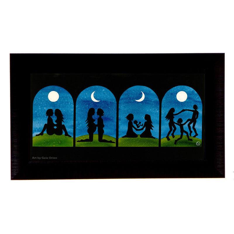 Life Celebration - Watercolour on Paper - silhouette family scenes under moon phases on a hill, 25 x 50 cm.
