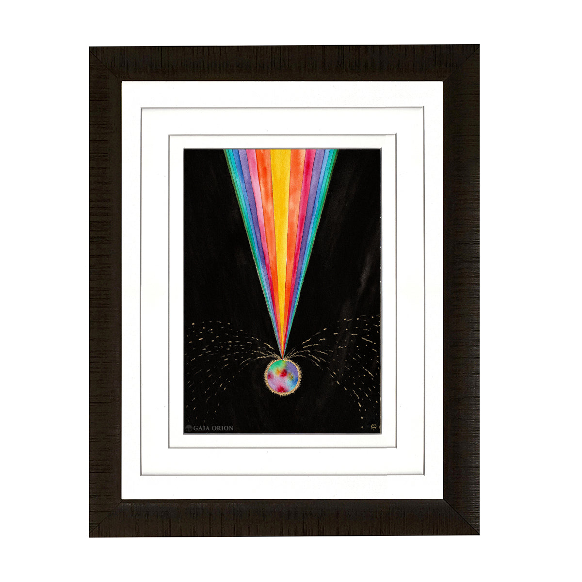 Life Force - Watercolour and Gold Acrylic painting with vibrant light beams over a colorful orb on black background.