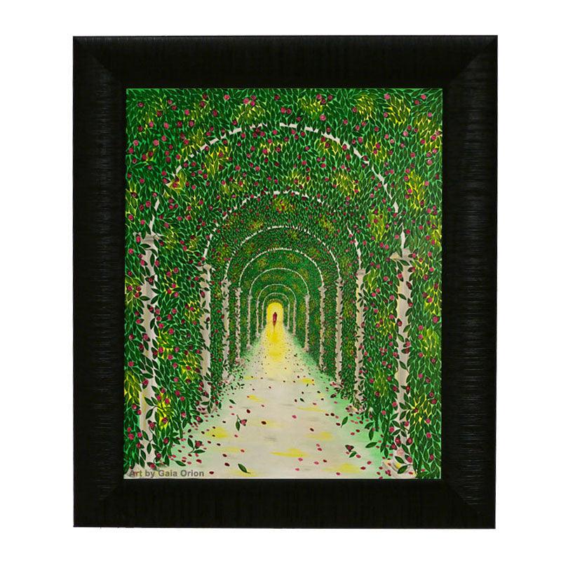 Love for Life - Oil on Canvas depicts a vibrant green archway with rose bushes and a figure walking beneath.