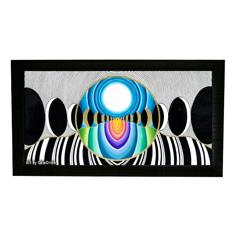 Lunar Awakening Oil on Canvas painting with concentric circles and phases of the moon in vibrant colors 50 x 100 cm.