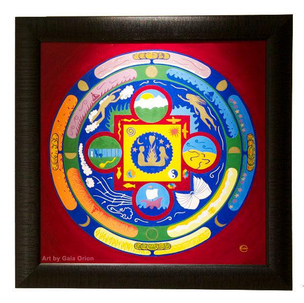 Mandala for love - Oil on Canvas - 60 x 60 cm with symbols of union, elements, moon phases, and fire at the center.