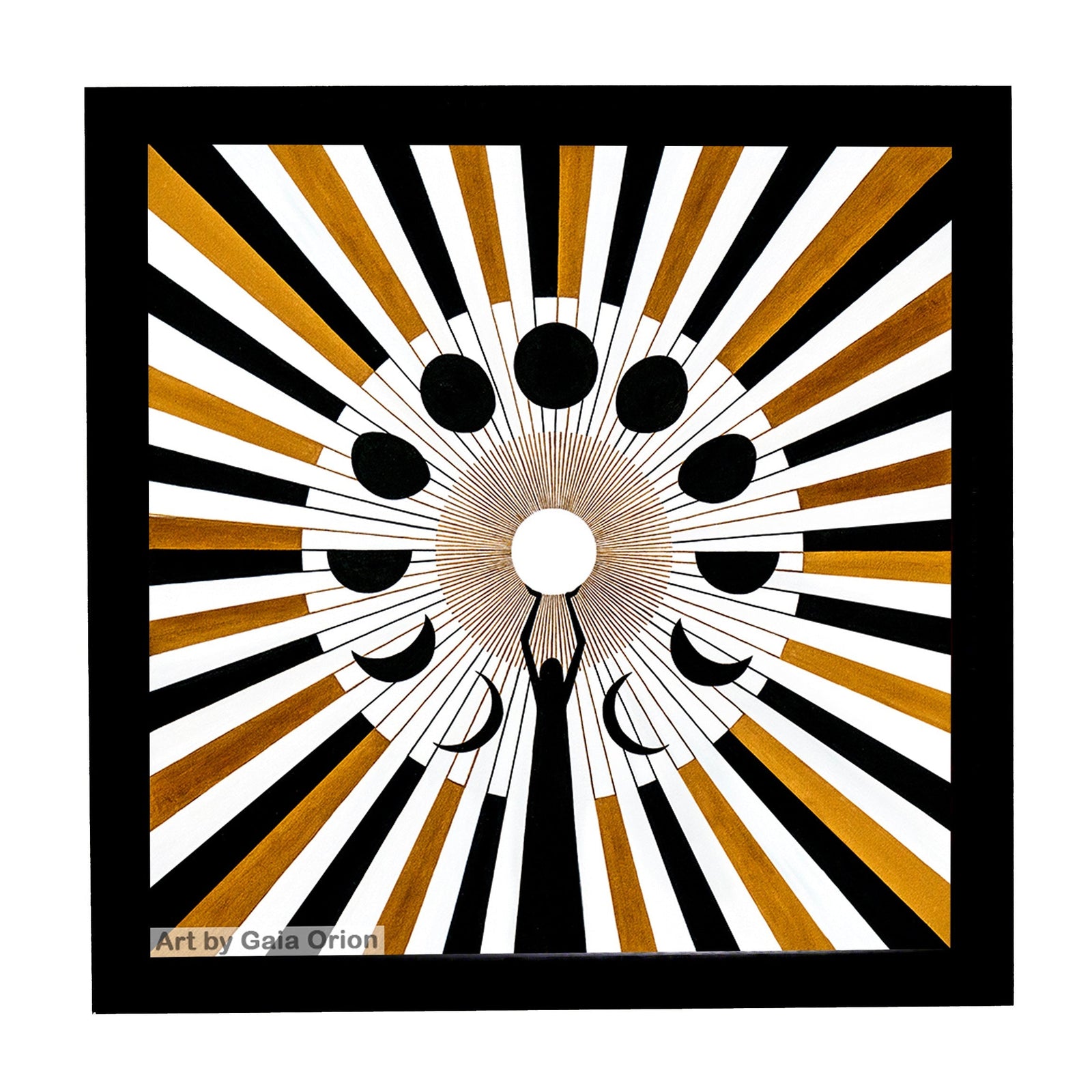 Melodies of Luna oil on canvas 90x90 cm depicting moon phases and a figure reaching towards the sun.