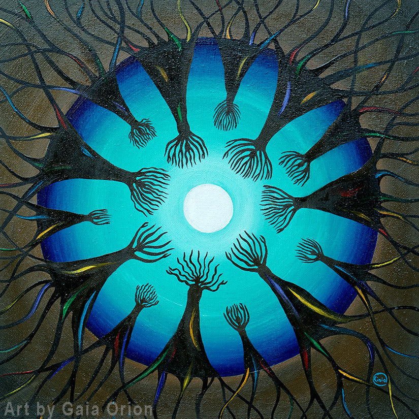 Moon Connections - Oil on Wood 20x20 cm depicting dark figures reaching towards a glowing moon at center.