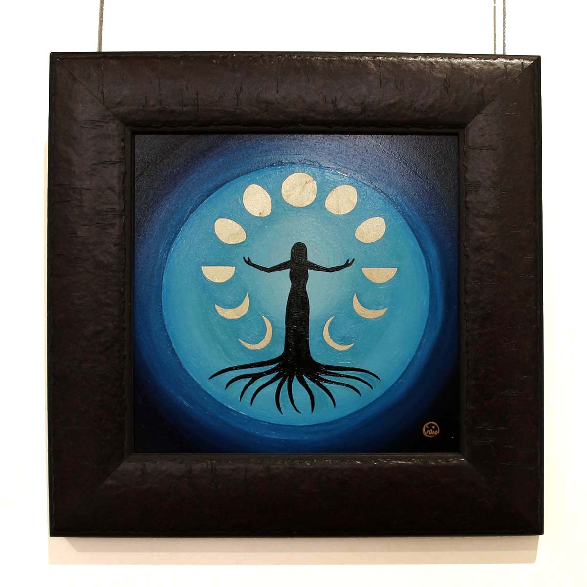Moon Dance- Oil on Wood- 20 x 20 cm painting of a silhouette with moon phases in a blue circular background.