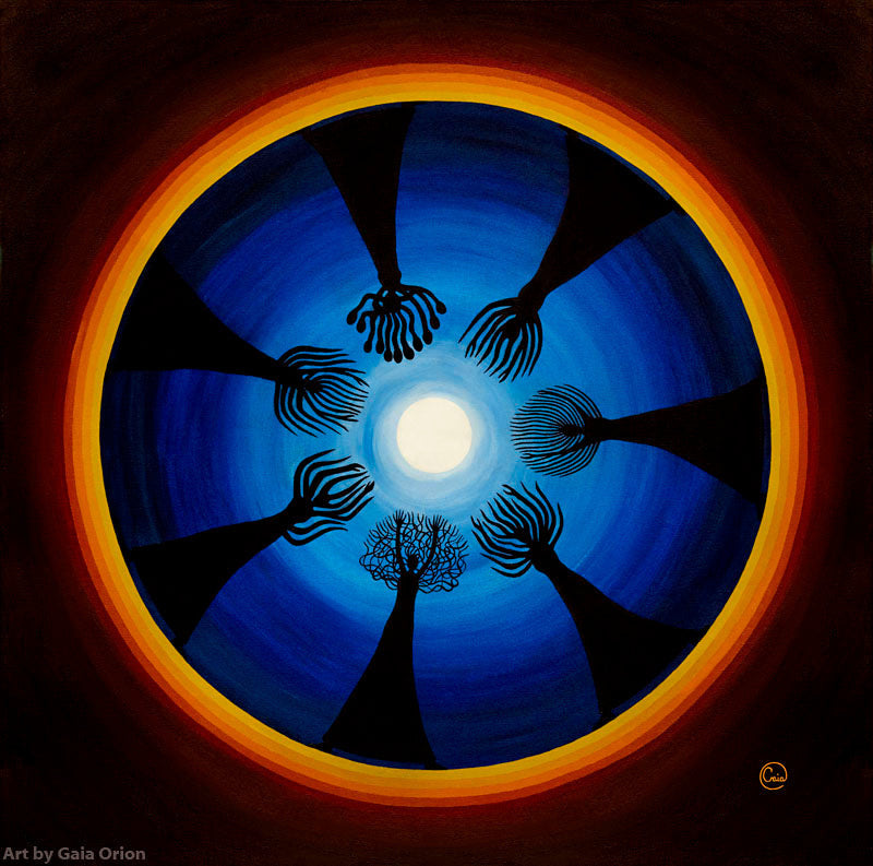 Moon Ritual - Oil on Canvas depicting silhouetted women-trees circling a bright full moon with a rainbow tree ring border.