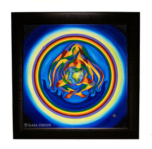 A rainbow and blue mandala painting about mother earth holding the planet in her womb