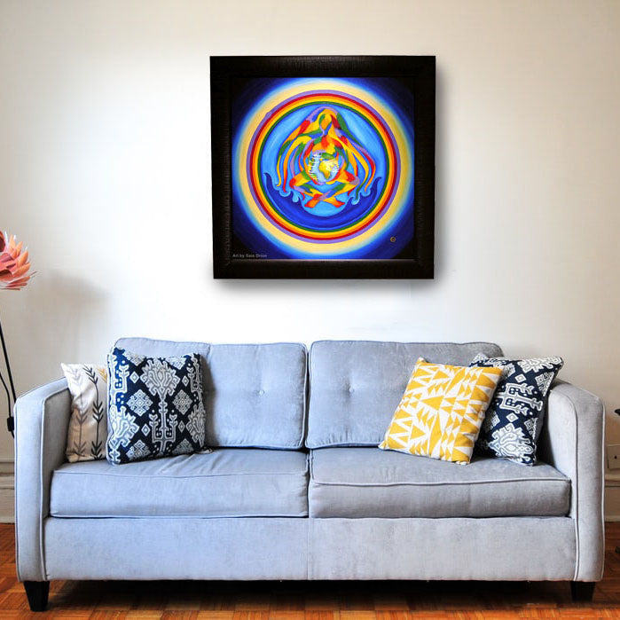 A painting framed on a wall of mother earth holding the planet with rainbow healing colors
