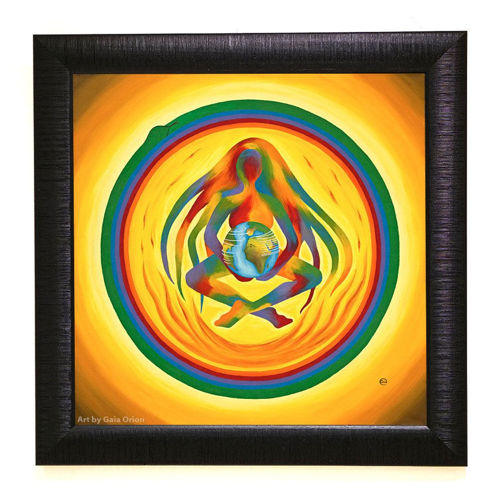 Mother Earth (Fire) - Oil on Canvas depicting a colorful mother spirit holding Earth with Africa reflected on her face.