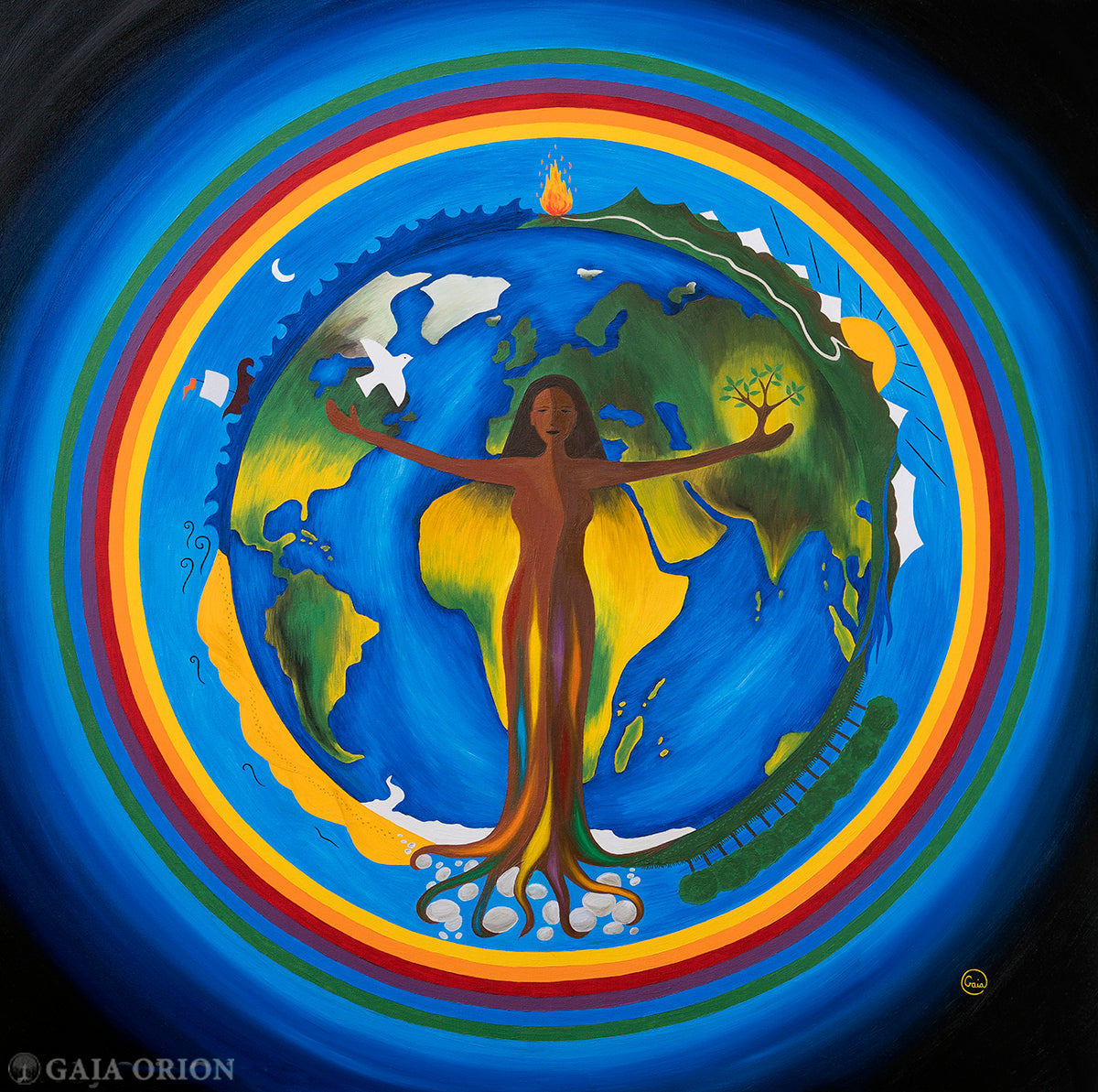 A mandala painting of mother earth rising from Africa fire above her crown chakra the four elements and a rainbow of hope