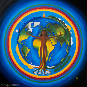 A mandala painting of mother earth rising from Africa fire above her crown chakra the four elements and a rainbow of hope