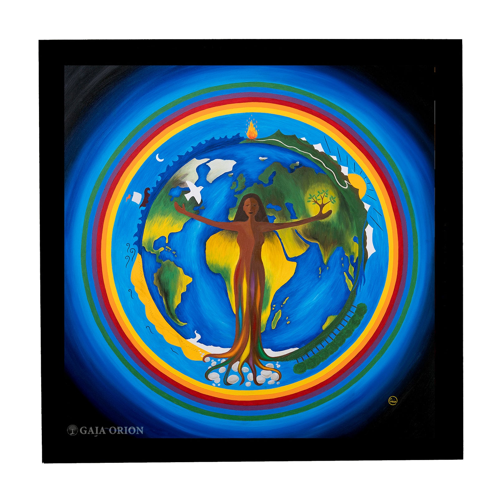 A mandala painting of mother earth rising from Africa fire above her crown chakra the four elements and a rainbow of hope