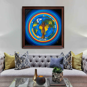 An oil painting above a couch representing mother earth arms open with roots ocean desert fire a rainbow spiritual life journey