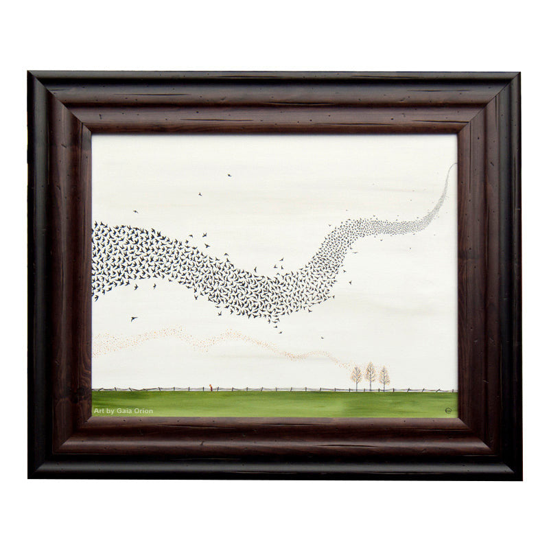 Murmuration - Oil on Canvas - 40 x 50 cm depicting synchronized flight of starlings over a green field and trees.