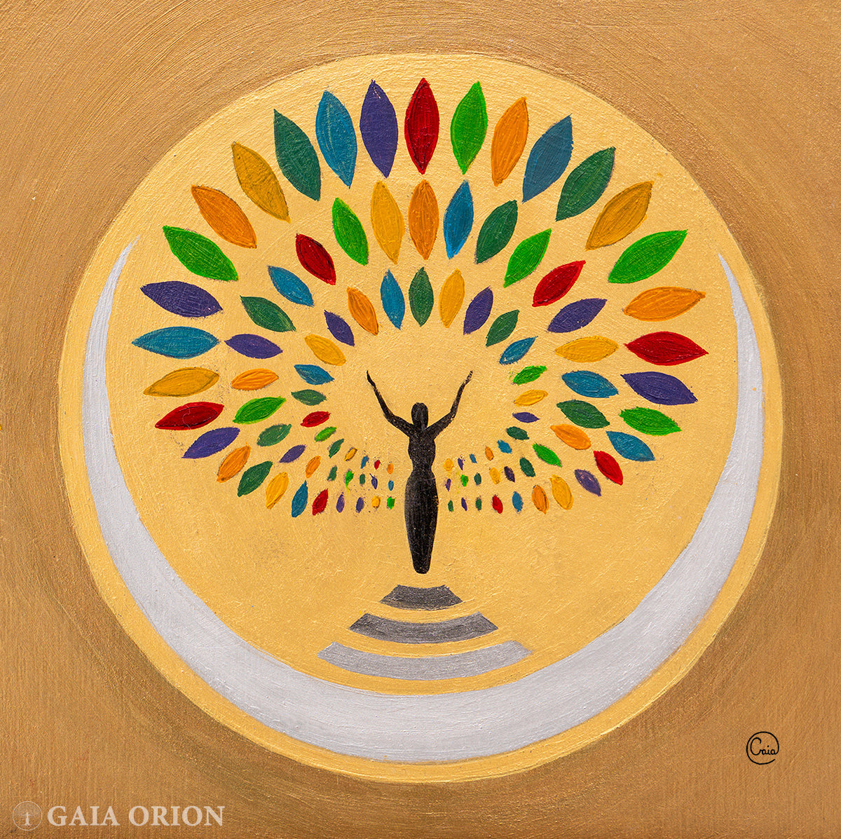 Offering - Oil on wood 15 x 15 cm painting of a woman reaching the moon with colorful leaves and olive wood frame.