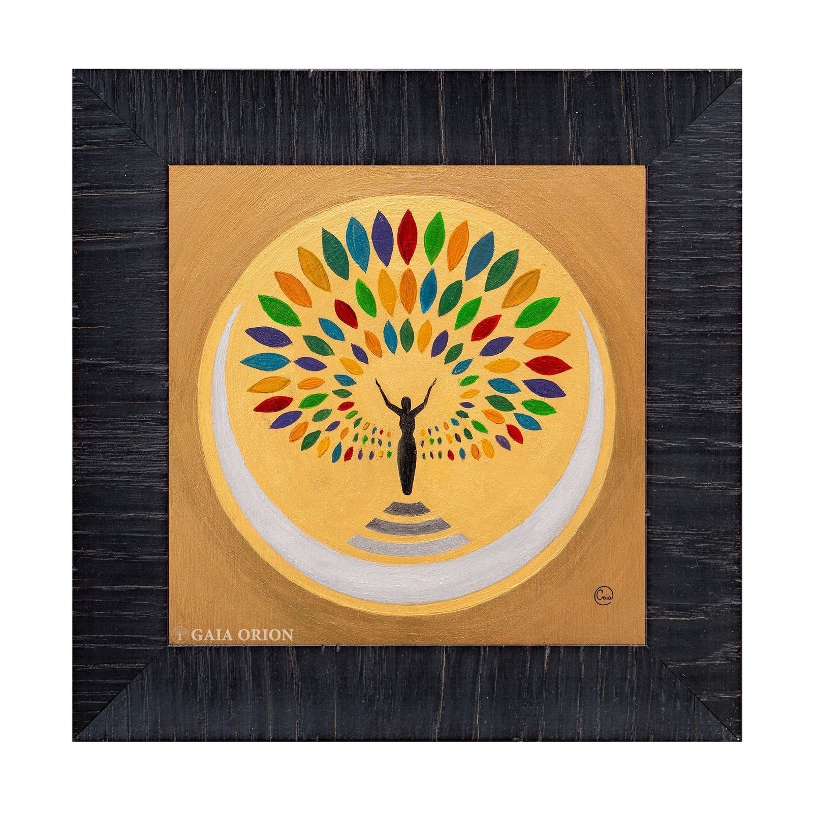 Offering - Oil on wood 15 x 15 cm painting of a woman reaching the moon with colorful leaves and olive wood frame.