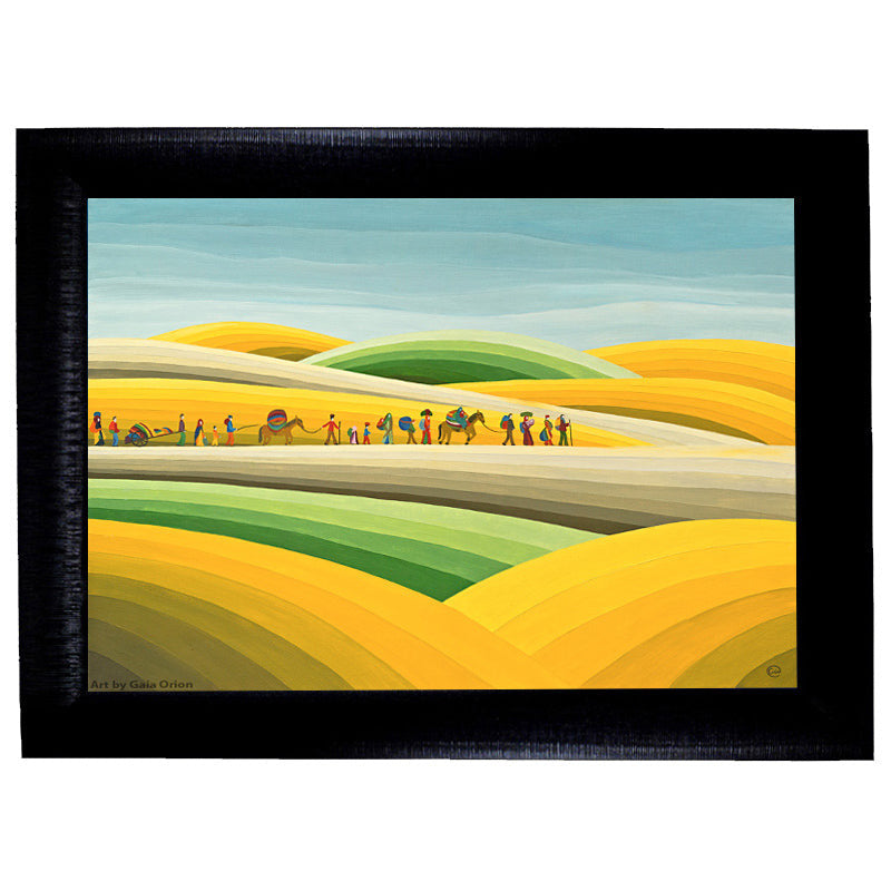 Nomads - Oil on Canvas - 45 x 60 cm depicting colorful nomads and camels crossing rolling hills.