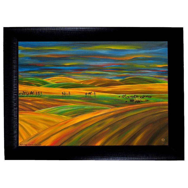 Nomads at Dusk - Oil on Canvas - 45 x 60 cm depicting nomads crossing colorful rolling plains at dusk.