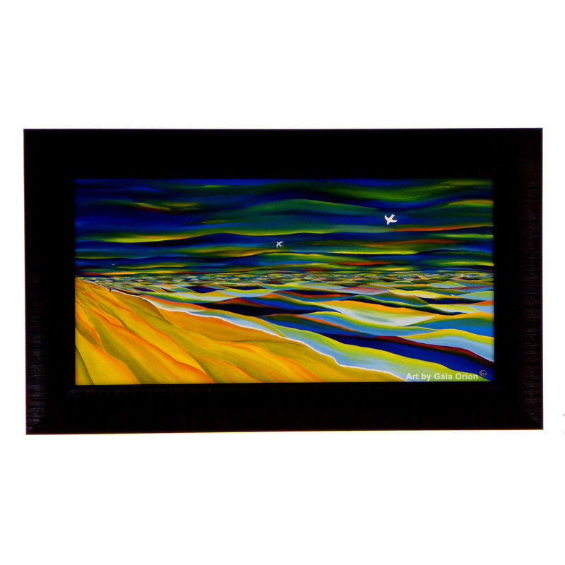 Reflections - Oil on Canvas - 30 x 60 cm features vibrant abstract landscape with flowing yellow and blue waves.