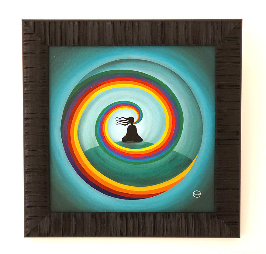 Om - Oil on Wood- 20 x 20 cm features a meditative silhouette surrounded by vibrant rainbow spirals on a teal background.