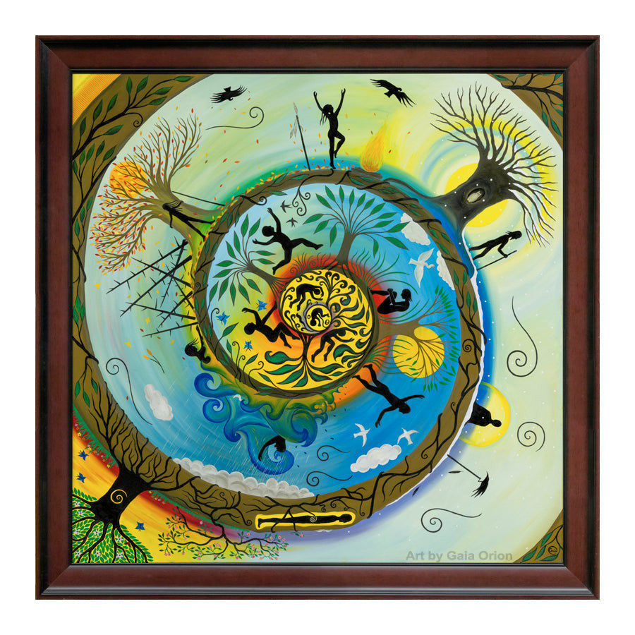 Our Journey - Oil on Canvas - 90 x 90 cm depicts life’s cyclical seasons with vibrant trees and human silhouettes.