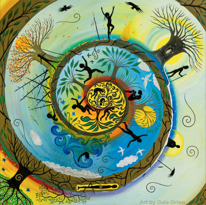 Our Journey - Oil on Canvas - 90 x 90 cm depicts life’s cyclical seasons with vibrant trees and human silhouettes.