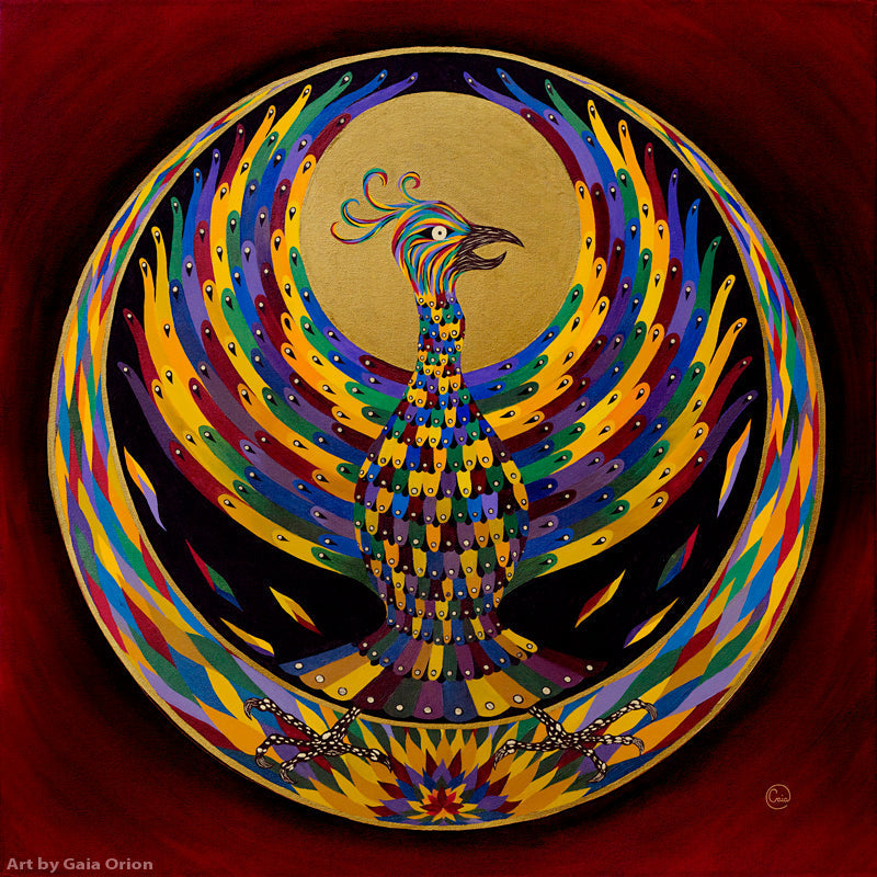 Phoenix Rising - Oil on Canvas - vibrant multi-colored phoenix with wings spread against a golden circle background.