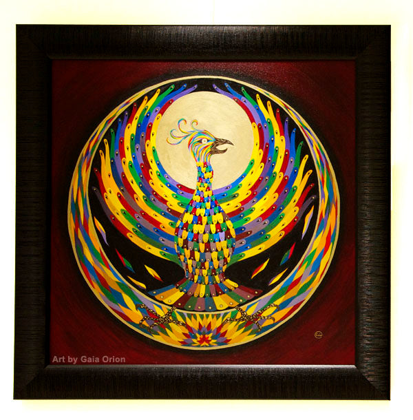 Phoenix Rising - Oil on Canvas - vibrant multi-colored phoenix with wings spread against a golden circle background.
