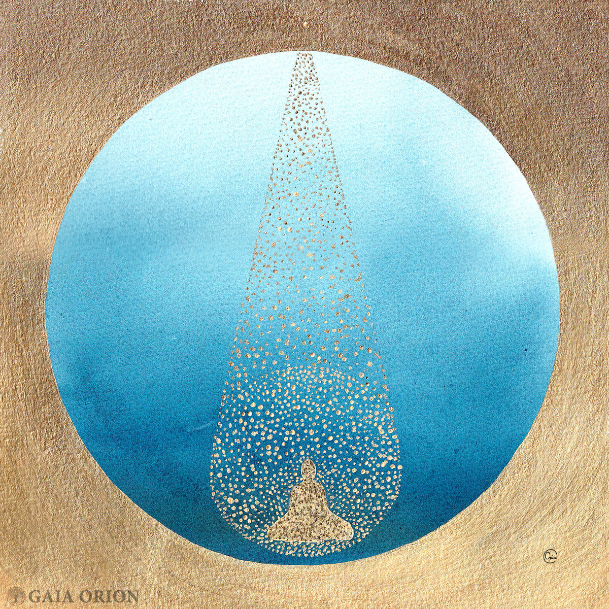 Points of Origin - Watercolour and Gold Acrylic paint 27 x 27 cm meditation art with blue and gold circular design.