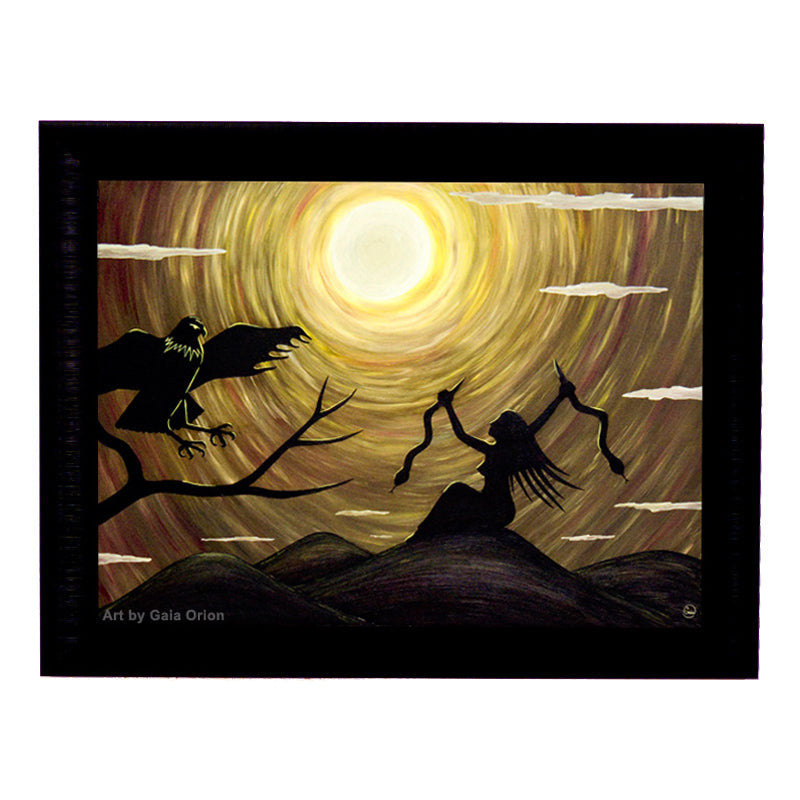 The Priestess - Oil on Canvas painting of a silhouetted figure holding two snakes under a glowing full moon.