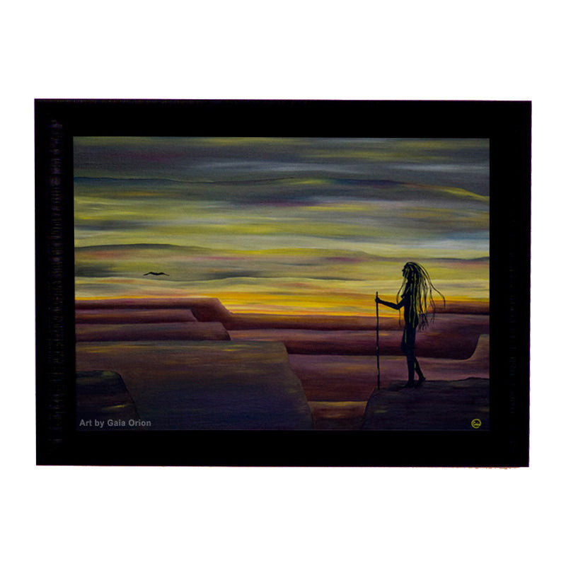 Quest at Dawn oil on canvas painting 60x45 cm depicting a solitary figure at dawn with a walking stick.