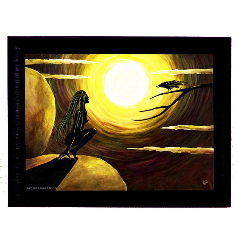 Raven Call - Oil on Canvas - silhouette of a wild woman and raven beneath a glowing full moon.