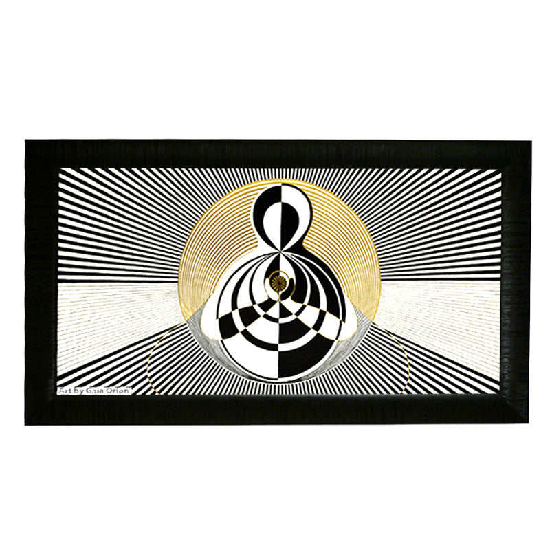 She Awakens - Oil on Canvas 50x100 cm abstract meditation themed painting with concentric black, white, and gold patterns.
