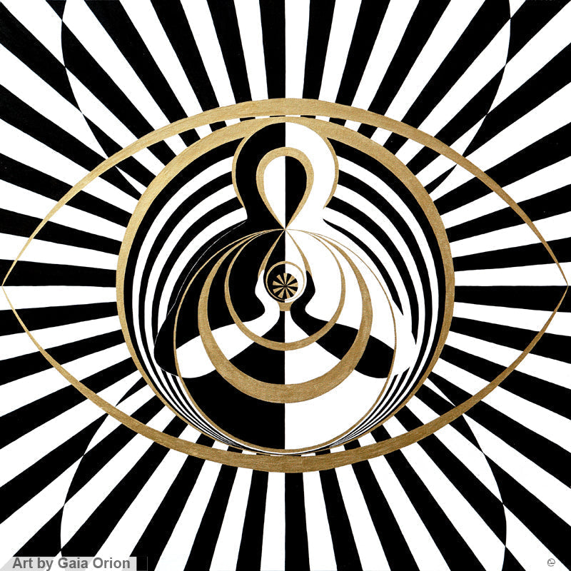 She Awakens - Oil on Canvas 90x90 cm featuring abstract black, white, and gold concentric patterns with an eye motif.